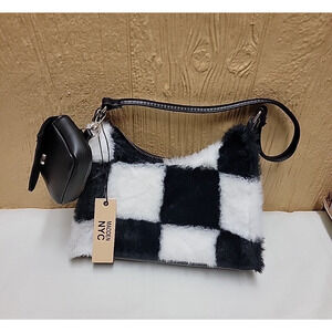Madden NYC Shoulder Bag with Attachment Black & White Checked Faux Leather & Fur